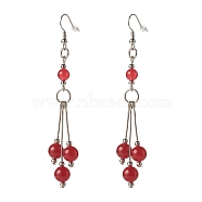 Natural Malaysia Jade Ball Beads Long Dangle Earring for Lady, Brass Wrap Stone Drop Earrings, Platinum, Red, 88mm, Pin: 0.7mm(EJEW-JE04680-01)