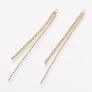 Rhinestone Big Pendants, with Brass Findings, Real Gold Plated, Clear, 65~70x1~1.5mm, Hole: 2mm(KK-F731-40B)