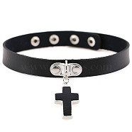 PU Leather Adjustable Choker Necklace, Alloy Cross Pendant Necklace with Stainless Steel Snap Buttons for Women, Black, 15.75 inch(40cm)(RELI-PW0001-020F)