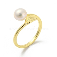 Brass Leaf Open Cuff Rings, with Natural Pearl, Real 14K Gold Plated, US Size 6 1/2(16.9mm)(RJEW-H220-37G)