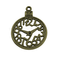 Alloy Clock Pendants, Tibetan Style, Cadmium Free & Nickel Free & Lead Free, Antique Bronze, 39x30x2mm, Hole: 2mm, about 209pcs/1000g(TIBEP-24057-AB-NR)