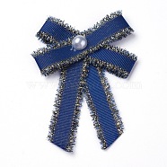 Polyester Brooch, with Glass Pearl and Iron Findings, Bowknot, Dark Blue, 95~100x67~72mm(JEWB-I011-01A)