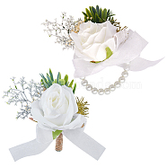 CRASPIRE 2Pcs 2 Style Silk Cloth Imitation Flower Boutonniere & Wrist Corsage, for Men or Bridegroom, Groomsmen, Wedding, Party Decorations, White, 120x100mm, 1pc/style(AJEW-CP0005-81)