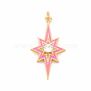Brass Micro Pave Clear Cubic Zirconia Pendants, with Enamel and Jump Ring, Cadmium Free & Nickel Free & Lead Free, Star, Real 16K Gold Plated, Pearl Pink, 34.5x18x4mm, Jump Ring: 4.5x0.8mm, 2.9mm inner diameter(ZIRC-S067-071F-NR)