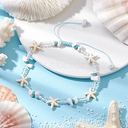 Starfish Synthetic Turquoise & Magnesite & Glass Seed Braided Beaded Adjustable Anklets, Summer Beach Anklets for Women, White, Inner Diameter: ~5-7/8 inch (100~150mm)(AJEW-AN00651)