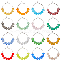 16Pcs 16 Colors Faceted Glass Beaded Wine Glass Charms, with Brass Findings, Rondelle, Mixed Color, 33mm, 1pc/color(AJEW-AB00065)