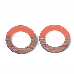 Resin & Walnut Wood Pendants, Ring, Coral, 38x3.5mm, Hole: 2mm(RESI-S358-04C-01)