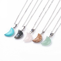 Natural & Synthetic Gemstone Pendant Necklaces, with Brass Chains, Moon, 17.3 inch(44cm), 1.5mm(NJEW-JN02161)