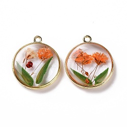 Transparent Clear Epoxy Resin Pendants, with Edge Golden Plated Brass Loops, Flat Round Charms with Inner Flower, Orange, 22x19x3.8mm, Hole: 1.4mm(RESI-L036-08G-02)