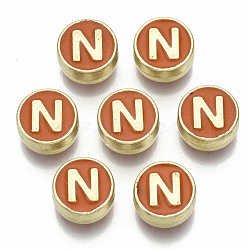 Alloy Enamel Beads, Cadmium Free & Nickel Free & Lead Free, Flat Round with Initial Letters, Light Gold, Letter.N, 8x4mm, Hole: 1.5mm(ENAM-S122-028N-NR)