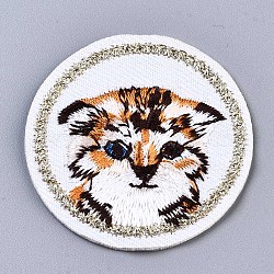 Round with Cat Appliques, Computerized Embroidery Cloth Iron on/Sew on Patches, Costume Accessories, White, 42x1.5mm(DIY-S041-095)