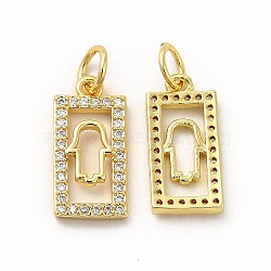 Rack Plating Brass Micro Pave Cubic Zirconia Pendants, Rectangle with Hamsa Hand Charm, with Jump Ring, Real 18K Gold Plated, 15x7.5x2mm, Hole: 3.6mm(ZIRC-K089-06G)