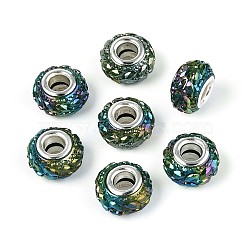 Opaque Resin European Beads, Large Hole Beads, Rondelle with Silver Color Plated Brass Cores, Medium Turquoise, 13.5~14x8.2~9mm, Hole: 5mm(RESI-T057-29B)