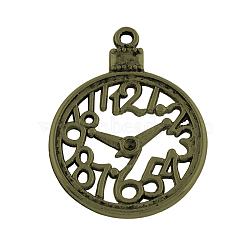 Alloy Clock Pendants, Tibetan Style, Cadmium Free & Nickel Free & Lead Free, Antique Bronze, 39x30x2mm, Hole: 2mm, about 209pcs/1000g(TIBEP-24057-AB-NR)