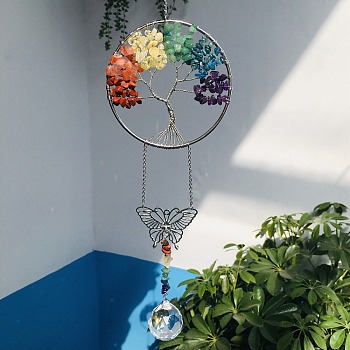 Glass Teardrop Pendant Decoration, Hanging Suncatchers, with Mixed Stone Chip Tree of Life, for Window Home Garden Decoration, Butterfly, 370mm