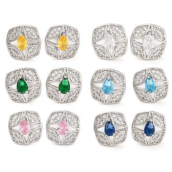 Brass Pave Cubic Zirconia Square Stud Earrings for Women, Platinum, Mixed Color, 13x13mm