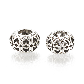 Alloy European Beads, Large Hole Beads, Hollow, Rondelle with Heart, Antique Silver, 11x7.5mm, Hole: 5mm