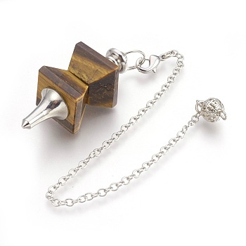 Natural Tiger Eye Dowsing Pendulums, with Platinum Tone Brass Findings, Trapezoid, 235mm, Hole: 2mm