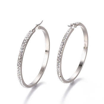 304 Stainless Steel Big Hoop Earrings, with Polymer Clay Rhinestone, Crystal, Stainless Steel Color, 51x49x3mm, Pin: 0.7x1mm