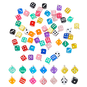 56Pcs 14 Styles Transparent Resin Pendants, with Platinum Plated Iron Loop, Dice, Mixed Color, 22~23x18~19x18.5~19.5mm, Hole: 1.8mm, 4pcs/style