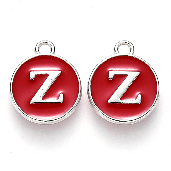 Platinum Plated Alloy Enamel Charms, Cadmium Free & Lead Free, Enamelled Sequins, Flat Round with Letter, Red, Letter.Z, 14x12x2mm, Hole: 1.5mm
