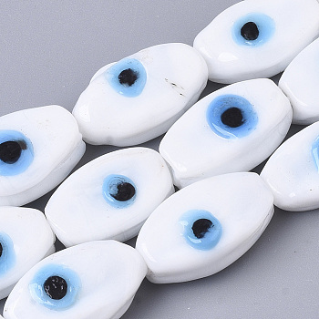 Handmade Evil Eye Lampwork Beads Strands, Rice, White, 17~18x10~11x7~8mm, Hole: 2mm, about 20pcs/strand, 13.78 inch(35cm)