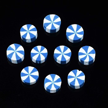 Handmade Polymer Clay Beads, Flat Round, Dodger Blue, 9~10x4mm, Hole: 1.6mm