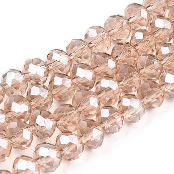 Electroplate Glass Beads Strands, Pearl Luster Plated, Faceted, Rondelle, PeachPuff, 4x3mm, Hole: 0.4mm, about 123~127pcs/strand, 16.5~16.9 inch(42~43cm)