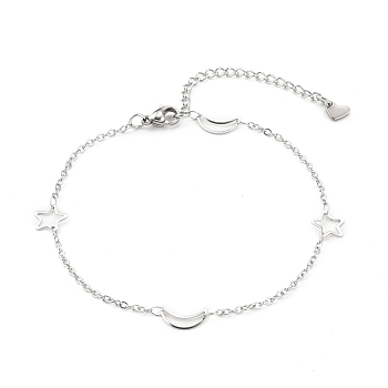 304 Stainless Steel Cable Chain Anklets, with  Moon & Star Link and Lobster Claw Clasps, Stainless Steel Color, 8-7/8 inch(22.5cm)