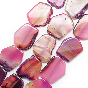 Natural Agate Beads Strands, Flat Slab Beads, Dyed, Nuggets, Camellia, 38~41x28~33x6~8mm, Hole: 2.5mm, about 10pcs/strand, 16.3 inch