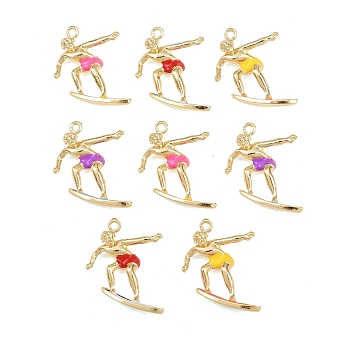 Alloy Enamel Pendants, Surfboard with Human Charms, Light Gold, Mixed Color, 24~25x24~25x8mm, Hole: 2mm