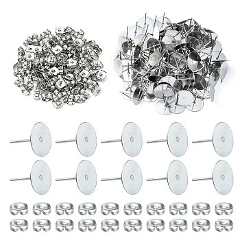 100Pcs 304 Stainless Steel Stud Earring Findings, Flat Round Pad Base Earring Settings, with 100Pcs Friction Ear Nuts, Stainless Steel Color, 12x10mm, Pin: 0.8mm