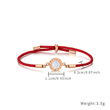 Rose Gold Stainless Steel Shell & Moissanite Roman Scale Time Link Bracelets, Red Rope Bracelet, Red, show in picture