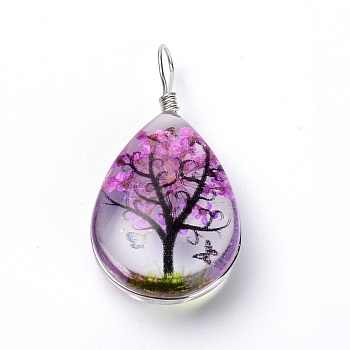 Transparent Glass Pendants, with Dride Flower inside and Zinc Alloy Finding, Teardrop, Platinum, Dark Orchid, 35.5x18x9mm, Hole: 3.5x4.5mm