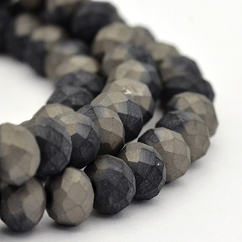 Half Plated Faceted Rondelle Glass Beads Strands, Frosted, Black, 6x4mm, Hole: 1mm, about 100pcs/strand, 17.3 inch