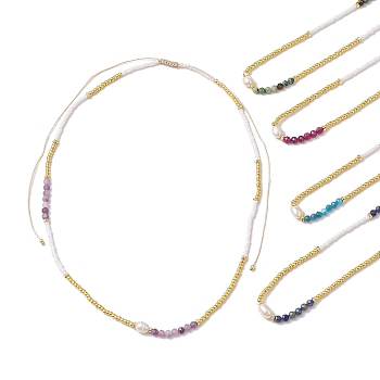Natural Gemstone Beaded Necklaces, Seed and Pearl Beads Necklaces, 14.72~25.20 inch(37.4~64cm)