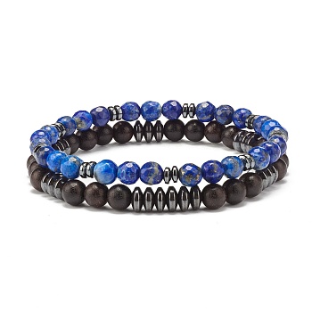 Beads Stretch Bracelets Set, Natural Lapis Lazuli & Ebony Wood & Synthetic Hematite Beads Bracelets for Men Women, Inner Diameter: 2-1/4~2-3/8 inch(5.8~6cm), 2pcs/set