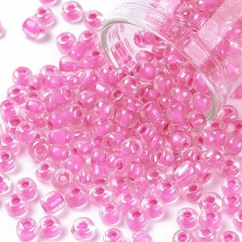 6/0 Glass Seed Beads, Transparent Inside Colours Luster, Round Hole, Round, Orchid, 6/0, 4~5x2.5~4.5mm, Hole: 1.2mm, about 4500pcs/bag