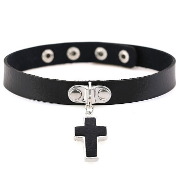 PU Leather Adjustable Choker Necklace, Alloy Cross Pendant Necklace with Stainless Steel Snap Buttons for Women, Black, 15.75 inch(40cm)