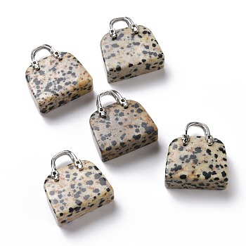 Natural Dalmatian Jasper Brass Pendants, Platinum, Bag, 27.5x25x10mm, Hole: 6mm