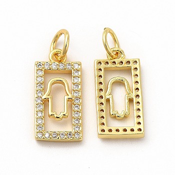 Rack Plating Brass Micro Pave Cubic Zirconia Pendants, Rectangle with Hamsa Hand Charm, with Jump Ring, Real 18K Gold Plated, 15x7.5x2mm, Hole: 3.6mm