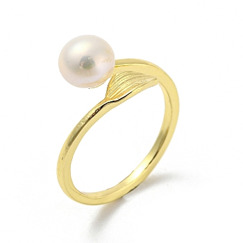 Brass Leaf Open Cuff Rings, with Natural Pearl, Real 14K Gold Plated, US Size 6 1/2(16.9mm)