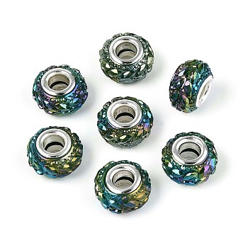 Opaque Resin European Beads, Large Hole Beads, Rondelle with Silver Color Plated Brass Cores, Medium Turquoise, 13.5~14x8.2~9mm, Hole: 5mm