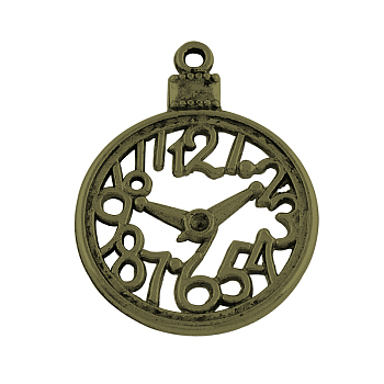 Alloy Clock Pendants, Tibetan Style, Cadmium Free & Nickel Free & Lead Free, Antique Bronze, 39x30x2mm, Hole: 2mm, about 209pcs/1000g