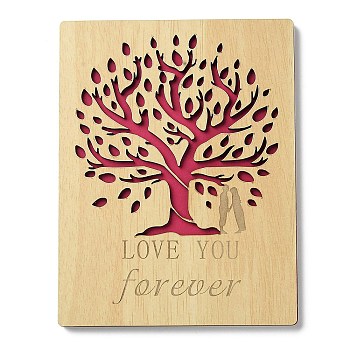Wooden Greeting Cards, with Red Paper InsidePage, Rectangle with Tree Pattern, Wheat, 150x115x7mm