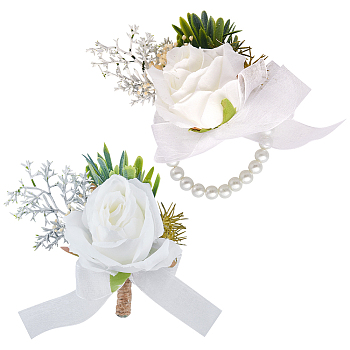 CRASPIRE 2Pcs 2 Style Silk Cloth Imitation Flower Boutonniere & Wrist Corsage, for Men or Bridegroom, Groomsmen, Wedding, Party Decorations, White, 120x100mm, 1pc/style