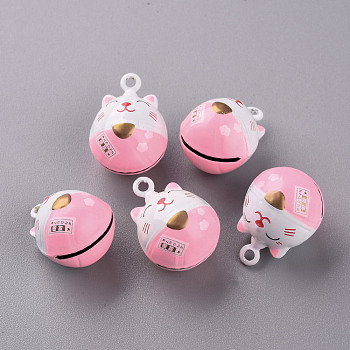 Baking Painted Brass Bell Pendants, Maneki Neko/Beckoning Cat, Pink, 23x17x16.5mm, Hole: 2mm