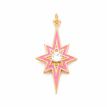 Brass Micro Pave Clear Cubic Zirconia Pendants, with Enamel and Jump Ring, Cadmium Free & Nickel Free & Lead Free, Star, Real 16K Gold Plated, Pearl Pink, 34.5x18x4mm, Jump Ring: 4.5x0.8mm, 2.9mm inner diameter