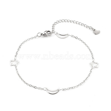 304 Stainless Steel Cable Chain Anklets, with  Moon & Star Link and Lobster Claw Clasps, Stainless Steel Color, 8-7/8 inch(22.5cm)(X-AJEW-H104-05P)
