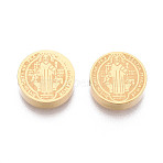 Religion 304 Stainless Steel Beads, Flat Round with Saint Benedict, Ion Plating(IP), Real 18K Gold Plated, 11.8x3.5mm, Hole: 1.8mm(STAS-T073-10G)